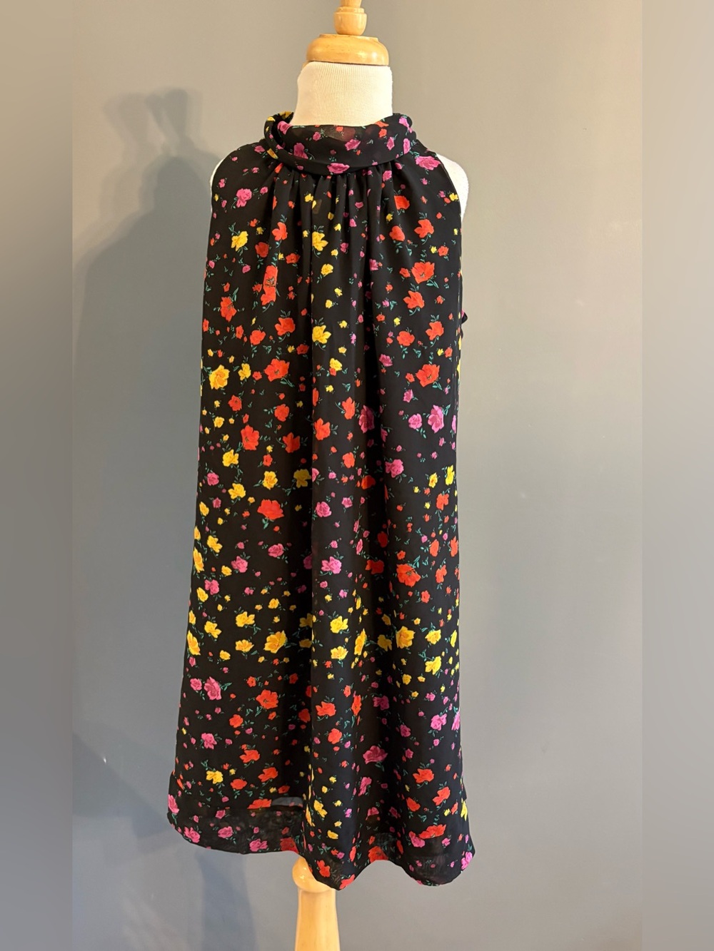New York & Company Black Midi Dress with Pink, Red and Yellow Floral Print
